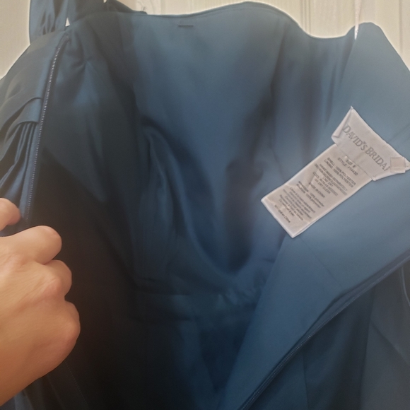 David's Bridal 8 teal satin one shoulder gown 3d ribbon adornments ruched - Picture 10 of 12